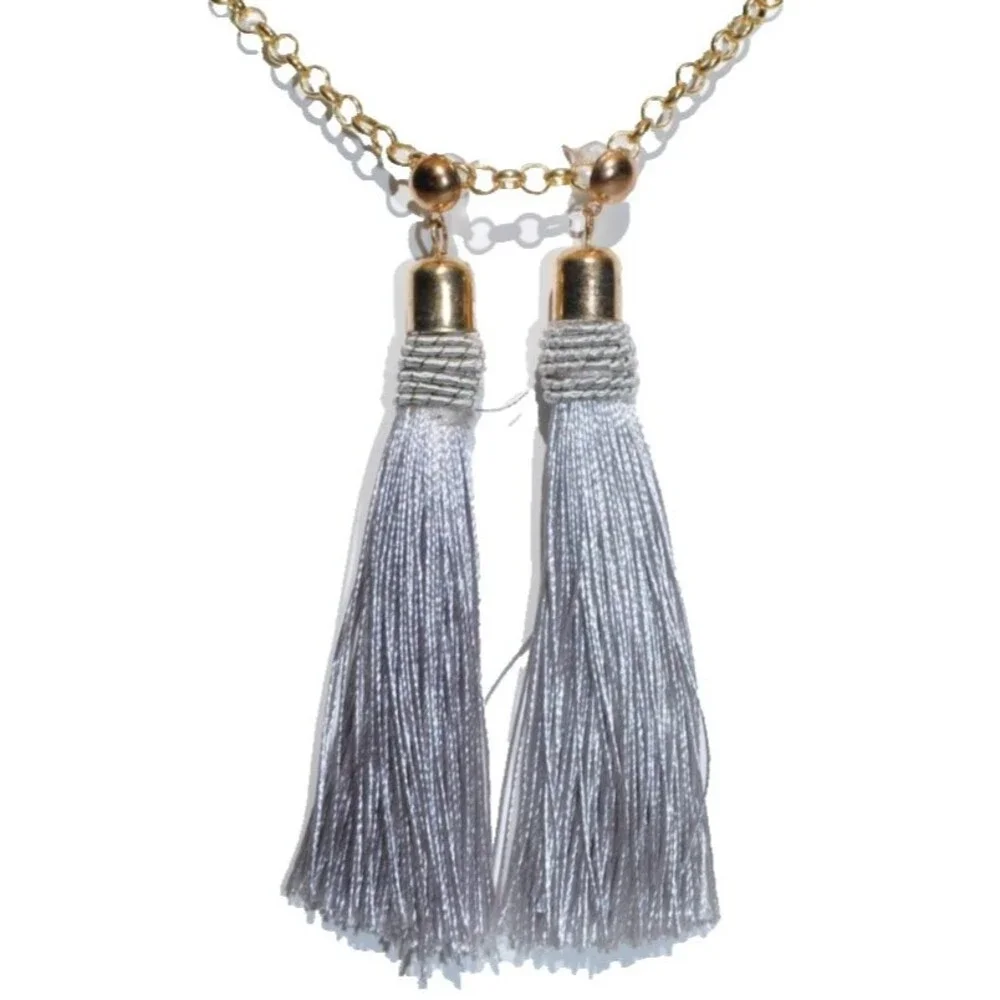 Gold-tone Boho Gypsy earrings with Gold Post Silver Gray Tassel - Picture 3 of 4